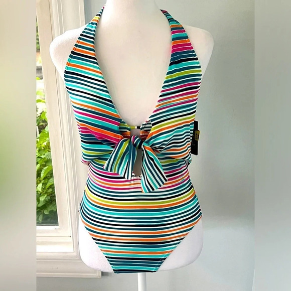 Vince Camuto Retro Striped Halter One-Piece Swimsuit Tie Front MultiColor 10 NWT - Picture 1 of 16